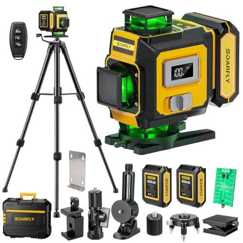 SOARFLY Nivel Láser 4D con Trípode, Nivel Láser Verde Autonivelante Cruzado 4×360°, 2 Baterías de 4000mAh, Control Remoto, Soporte Magnético, para Azulejos, Construcción y Reformas del Hogar