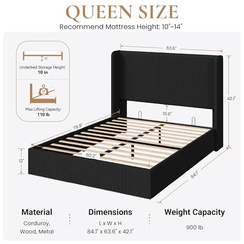Image of SHA CERLIN Queen Lift Up Storage Bed Frame, Upholstered Corduroy, Black