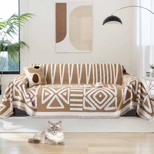 LiveGo Boho Sofa Covers for Dogs, 2-3 Cushion Chenille Slipcover for Sectional L-Shaped Couch Pets Protector (Khaki, 71