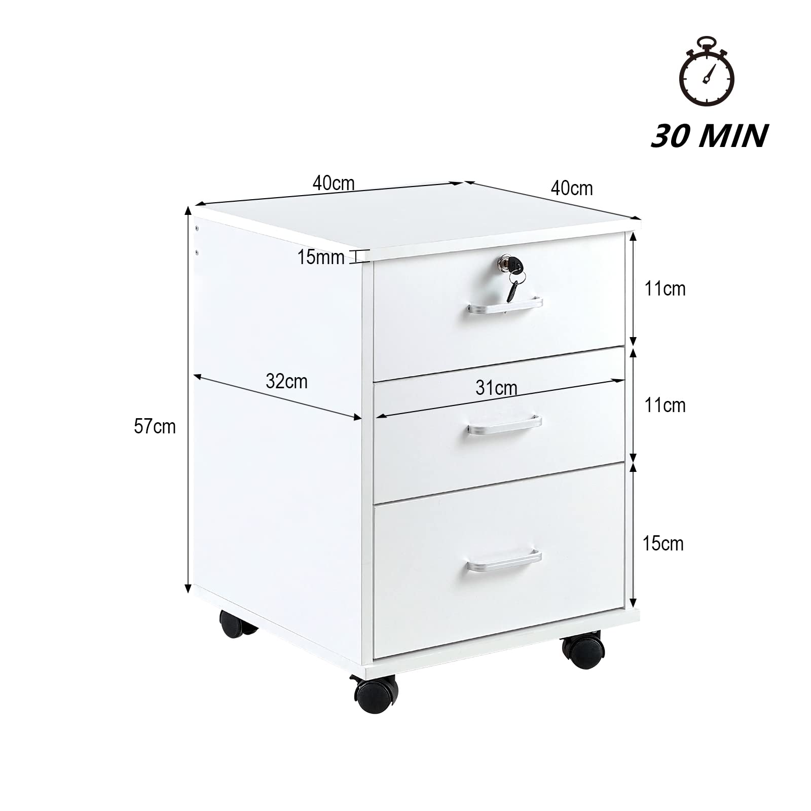 OFCASA Archivador móvil de 3 cajones con cerradura para oficina con ruedas, gabinete de almacenamiento de madera blanca para oficina en casa, 40 x 40 x 55 cm
