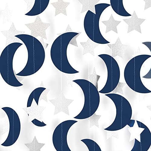 Image of Navy-Blue Silver Moon-Star Party-Decorations Garland - 52Ft Twinkle Little Star Hanging Decoration Streamers Banner, Eid Ramadan Mubarak Decoration Birthday Wedding Baby Shower Party Decor Panduola