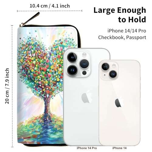 RFID Blocking Wristlet Wallet for Women – Slim PU Leather Zipper Clutch, Cute Credit Card Holder Purse with Wrist Strap for Ladies,Heart-shaped Tree and Leaves3