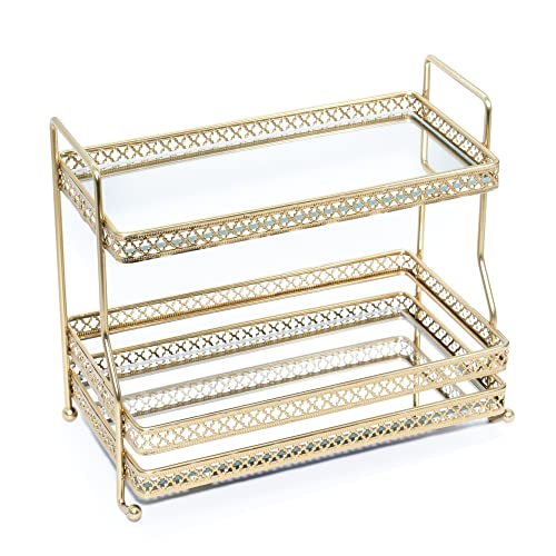 AQ Organizational 2-Tier Mirrored Home Storage Tray for Vanity, Dresser, Bathroom, or Kitchen Counter, Shelves Hold Beauty Products, Makeup, Perfume, Toiletries, Jewelry, Spices etc. (Glazed Gold)