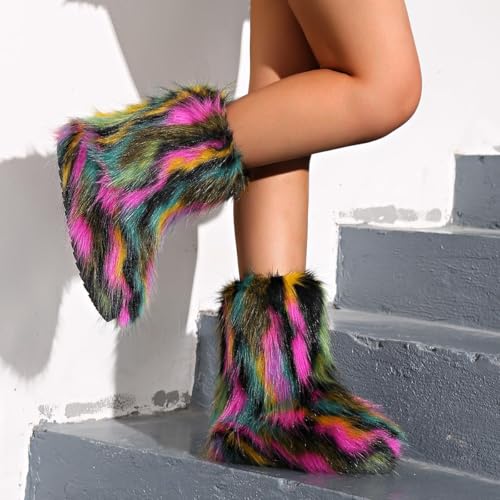 Women's Faux Fur Fuzzy Fluffy Mid Calf Snow Boots - Suede Winter Warm Fur Lined Booties3