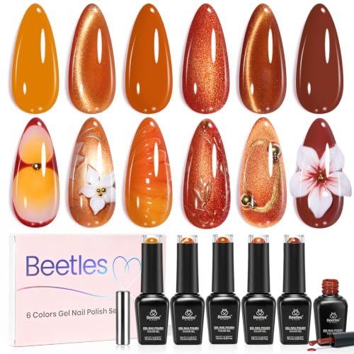 Image of Beetles Fall Gel Nail Polish - 6 Colors Cat Eye UV LED Soak Off Manicure Set with Magnet, Orange Copper Brown Red Glitter Shades 7.5ml