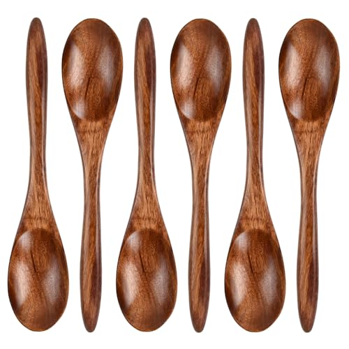 volomoon 6 Piezas Cucharas de Madera, Cuchara de Miel de Madera, Cucharillas, Cucharas de Sopa para Comidas Infantiles - Cuchara de Madera Ideal para Café, Té, Sopa, Arroz, Postre - Marrón