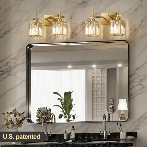 Image of Torondo Modern Crystal Bathroom Vanity Light 2-Lights Brushed Gold Bathroom Light Fixtures Over Mirror Brushed Gold Vanity Lighting Fixtures Square Shade Wall Sconce (Bulbs Not Include)