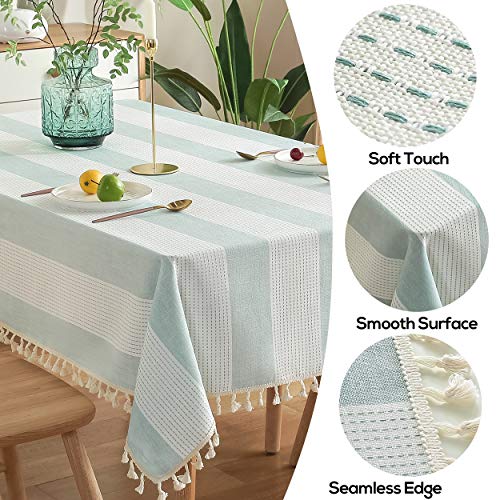 Amhoo Stitching Tassel Tablecloth Striped Table Cloth Rectangle Cotton Linen Dust-Proof Table Cover For Kitchen Dinning 54 X 70 Inch Teal #TOP1