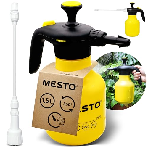 Mesto BUGSI 360° Drucksprüher 1,5L Set inkl. MESTO Verlängerungsrohr 27cm | Sprühflasche für Garten & Pflanzen | Pumpsprühflasche | Sprühgerät mit 2 in 1 Ventil | Pflanzensprüher | Verstellbare Düse