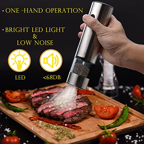 Influtto Electric Salt And Pepper Grinder, Pepper Mills With Led Light,Electronic Mill Shakers With Adjustable Coarseness,Type -C Rechargable,One -Handed Button,Stainless Steel,Silver Color #TOP3