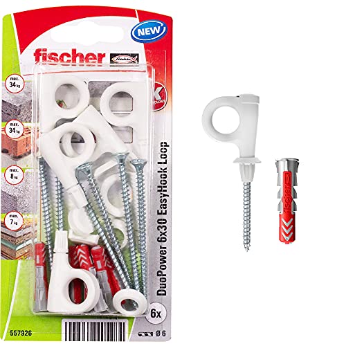 fischer EasyHook Loop K (6), Juego de 6 tornillos y tacos DuoPower 6 x 30, con gancho para tablero aglomerado para instalar fácilmente en numerosos materiales de construcción