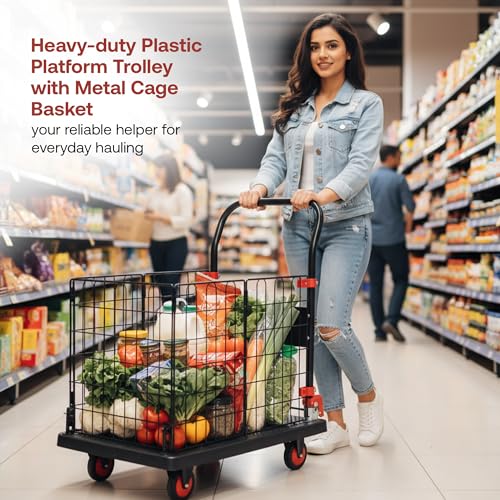 Image of BonKaso 150Kg Foldable Platform Trolley with Basket Cage | Portable Heavy-Duty Plastic Hand Truck with 360 Rotating Wheels Cart for Office, Warehouse & Outdoor (72.5x48.5x98.5cm) Black