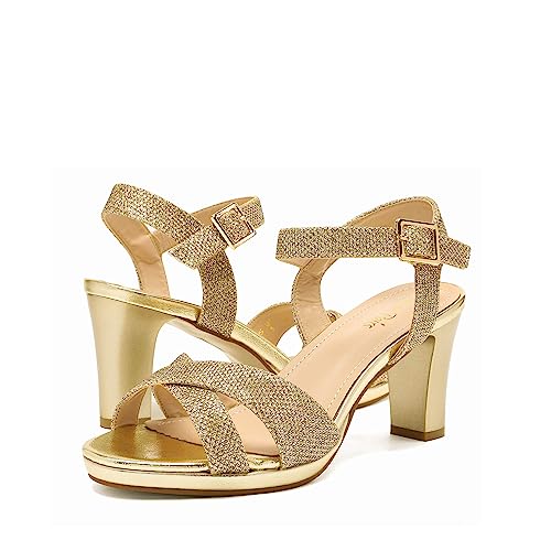 DREAM PAIRS DREAM PAIRS Women's Chunky Heels Open Toe Ankle Strap Sparkly Heels Pump Sandals,Size 10,Gold/Glitter,ICE-1
