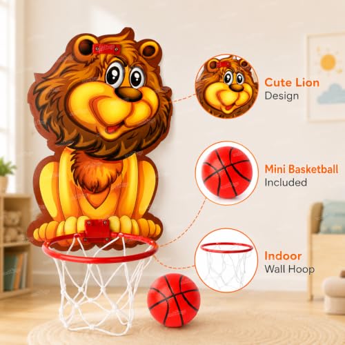 Image of Zest 4 Toyz Kids Basketball Hoop Set with Ball Wall Mounted Indoor Basketball Ring with Net Cute Lion Theme Mini Basketball Game for Boys and Girls Indoor Outdoor Sports Activity Toy