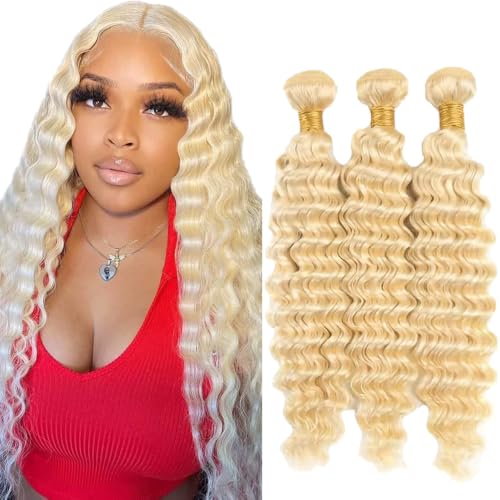 Deep Wave Bundles Human Hair 22 24 26 Inch Human Hair Extensions for Women 613# Blonde Human Hair Bundles 12A Unprocessed Brazilian Virgin Quick Weave Hair Extensions