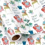 RUSPEPA Housewarming Wrapping Paper Roll, Mini Roll, Watercolor Happy New Home Gift Wrap with Cozy Cat and Plants Design for Friends, Family, Housewarming, Moving, 17 Inches x 16.4 Feet