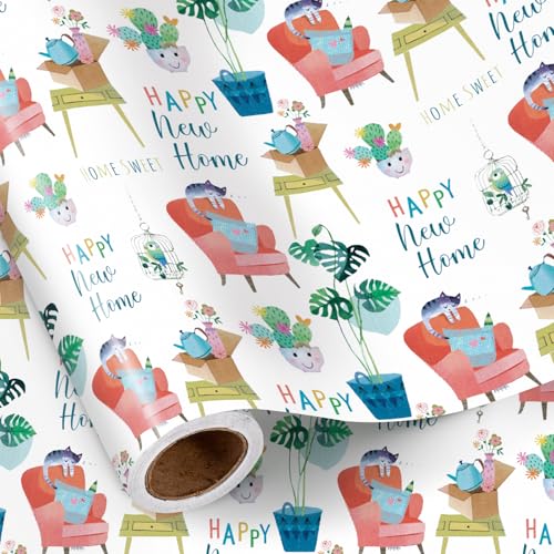 RUSPEPA Housewarming Wrapping Paper Roll, Mini Roll, Watercolor Happy New Home Gift Wrap with Cozy Cat and Plants Design for Friends, Family, Housewarming, Moving, 17 Inches x 16.4 Feet