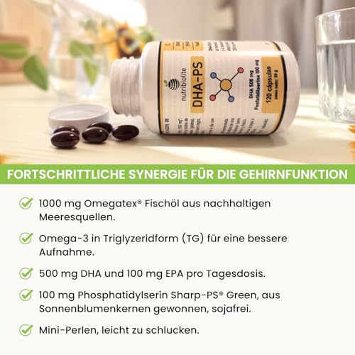 500 mg DHA Omega-3 (Triglyceride) + 100 mg Phosphatidylserin, ohne Soja – für Gehirnfunktion & Sehkraft – 120 Mini-Softgels – DHA-PS Nutribiolite