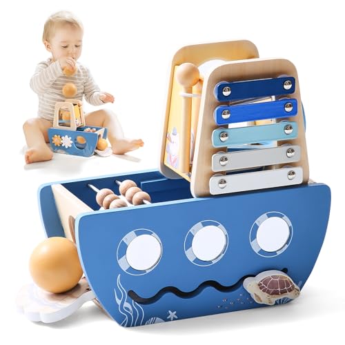 Image of Promise Babe 5-in-1 Baby Wooden Activity Cube, Sea Ocean Montessori Toddler Toys for 1+ Year Old Boys Girls Gifts, Educational Learning Boat Toys for 1st Birthday Gifts for Kids