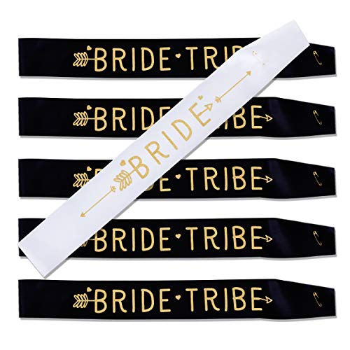 Haley Party Bride Tribe Sash Bridesmaid Sashes Bachelorette Party Sash Set Bride Sash Bridal Shower Decorations (6 PCS in Black and White with Gold Lettering)