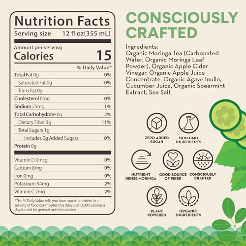 Image of RINGA Cucumber Mint Sparkling Hydration Drink - Organic Moringa + Apple Cider Vinegar with 3g Prebiotic Fiber - No Added Sugar, No Artificial or Natural Flavors - Gut Health & Clean Hydration - 12oz Cans (12 Pack)