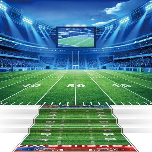 Hahafelt 2 Pcs Football Party Decoration Set 80x60 Football Field Backdrop 10 ft Ball Floor Runners Sports Themed Birthday Party Background Ball Field Rug Sport Wall Photo Prop Sign Lawn Supply
