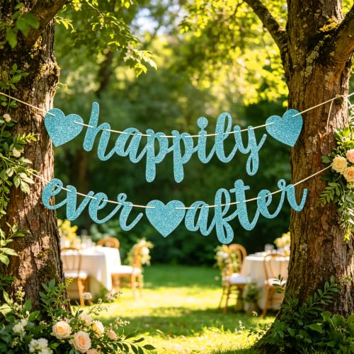 Image of Happily Ever After Glitter Bunting Banner, Engagement, Bridal Shower, Wedding Party Photo Booth Props Signs,Pre-Strung Cursive Bunting (Blue)