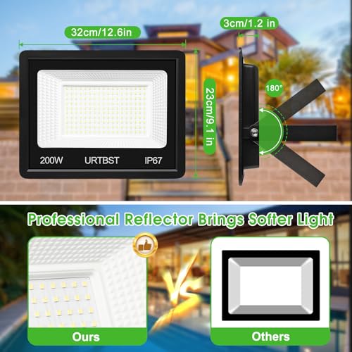 URTBST Outdoor LED Floodlight 200W 20000LM IP67 Waterproof 7000K Cool White for Yard Garden Garage Patio, Deep Black, 200W-1PC - Image 2