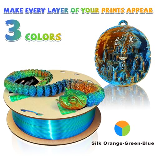 Image of LOVOON PLA 3D Printing Filament 1.75MM Silk tricolors, Color Change by Angle Multicolor pla filaments Fit Most FDM Printers and 3D Pen, Silk Orange /Green /Blue, 1KG(2.2lb) /Spool