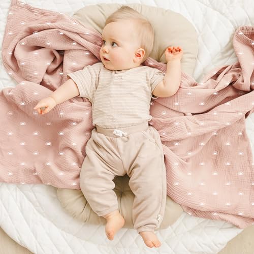 Konssy Muslin Swaddle Blankets for Baby Girls Boys, 3 Pack Receiving Blanket Large 47 x 47 inches, Soft Breathable Muslin Baby Blanket for Unisex Newborn (Peach Blossom Sun)