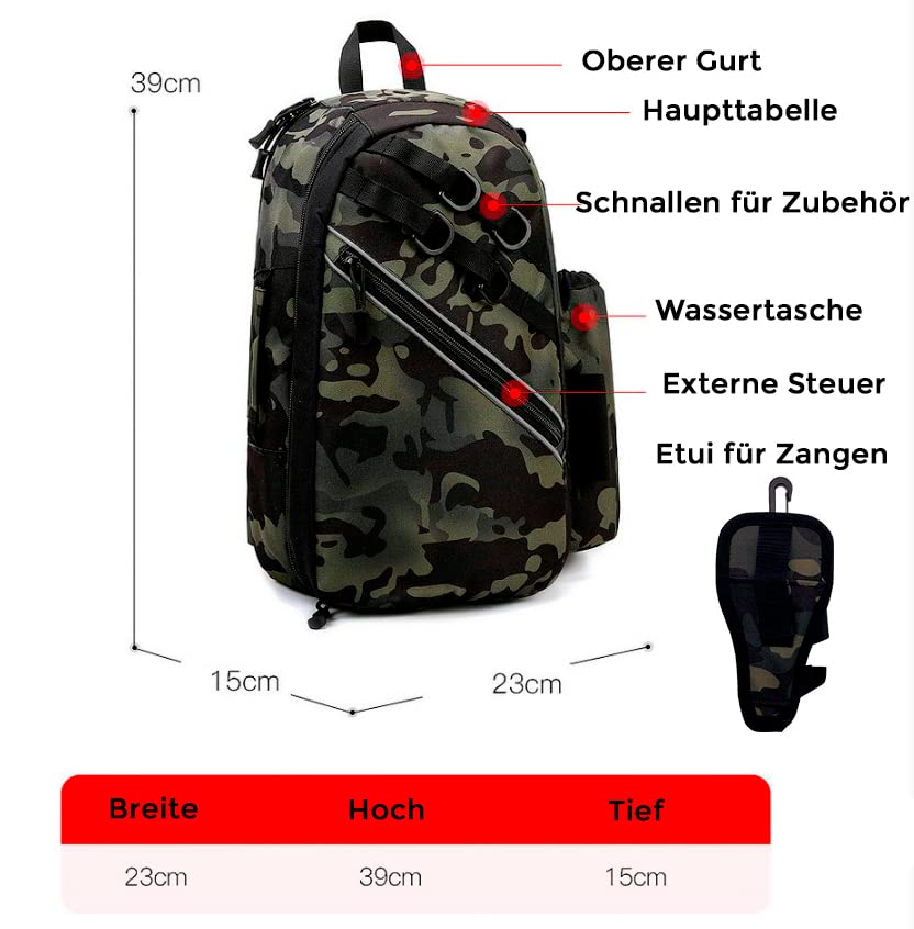 Wasserdichter Angel-Rucksack, multifunktionale Umhängetasche, kompakter Angelrucksack, mit Halterung für Angelruten, Angelzubehör, Camouflage, Grün, L, Angeltaschen