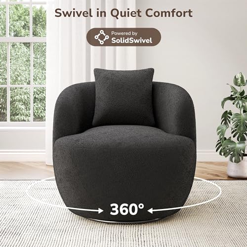 Image of BELLEZE Modern Round Boucle Swivel Armchair - Curved Backrest Upholstered 360 Swivel Sofa Accent Chair with Pillow, Comfy for Living Room - Francisco (Black)
