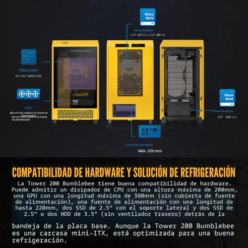 Carcasa Mini-ITX Thermaltake Tower 200 Bumblebee amarilla para escritorios modernos 8