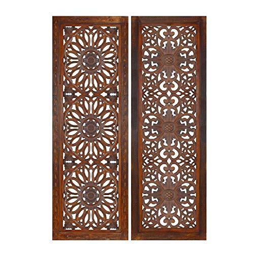 Benjara 2 Piece Mango Wood Wall Panel Set with Mendallion