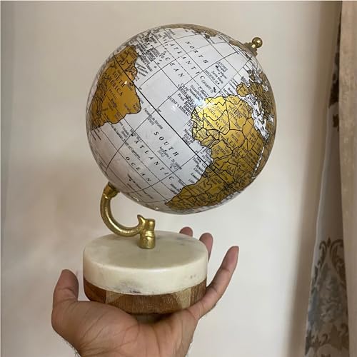 Image of Home Decor Globe with Ungli-Shaped Gold Arc and Sturdy Marble Base,Modern Globe for Office Decoration (Color-White gold)