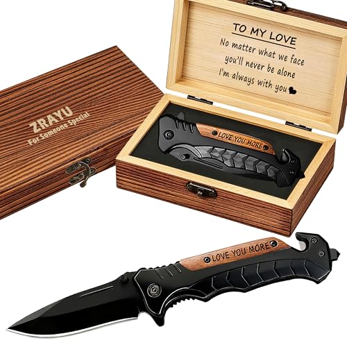 ZRAYU Gifts for Him Boyfriend Husband Father's Day, Engraved Pocket Knife with Wooden Box, Unique Anniversary Birthday Gifts Ideas for Men, Cool Folding Knife for Camping Hiking Outdoor