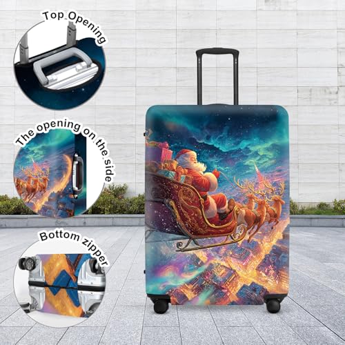 Image of Northern Lights Christmas Luggage Cover - Santa's Sleigh Flying Over City Under Aurora, Magical Stretchable Suitcase Protector 18 20 22 Inch