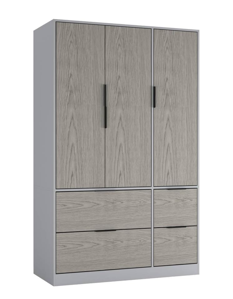 URBNLIVING 3 Door Wardrobe with 4 Drawers – Wooden Bedroom Storage Cupboard with Hanging Rail for Clothes - Grey Unit & Cedar Grey Doors & Drawers