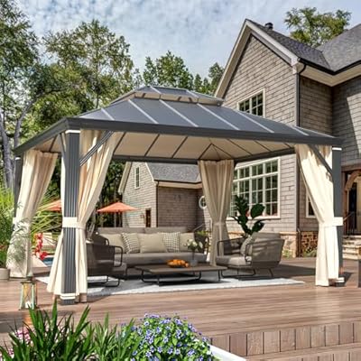 YOLENY 12'x14' Hardtop Gazebo, Permanent Outdoor Aluminum Patio Gazebo with Aluminum Composite Double Roof for Patio Lawn and Garden, Curtains and Netting Included