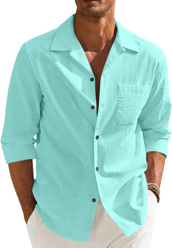 Image of Combo of Men's Casual Cotton Blend Shirt || Long Sleeve Button Down with Spread Collar | Lightweight Breathable Fabric | Stylish Solid Shirt for Beach, Office & Everyday Wear Pack of 2