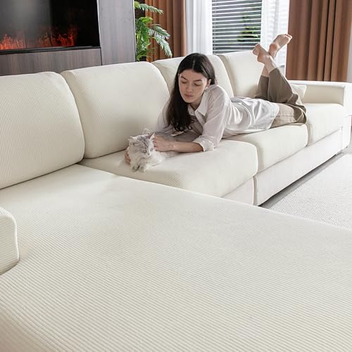 OHSIO Sectional Couch Covers, Wear Resistant Stretch Sofa Covers Washable Soft Couch Cushion Covers Anti Slip Furniture Protector Sofa Slipcovers for Pets(3 Pieces 2 Seaters+1 Chaise, Ivory)