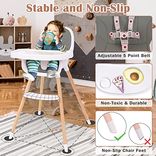 Baby High Chair, 3-In-1 Convertible Wooden High Chair With Adjustable Legs & Double Dishwasher Safe Tray, High Chairs For Babies And Toddlers, Made Of Sleek Hardwood & Premium Leatherette #TOP1