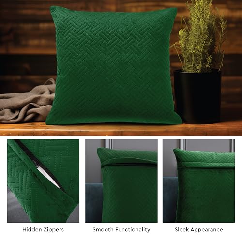 Image of Encasa XO Quilted Velvet Cushion Covers, Pillow Covers, No Inserts Green | 18 inchx18 inch | Double Sided Texture | Hidden Zipper | Machine Washable | Set of 2