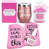 Mom Gift Set | Mom Juice Wine Tumbler + Cupcake Wine Socks | Stainless Steel 12 oz Stemless Wine Tumbler with Lid + Wine Socks | Funny Gifts for Mom, Mom Gifts, Birthday Gifts for Mom