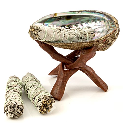 Premium Bundle With 5 Inch Or Larger Abalone Shell, Stained Wooden Tripod Stand, And 3 California White Sage Smudge Sticks For Incense Burning, Home Fragrance, Energy Clearing, Yoga, Meditation #TOP3