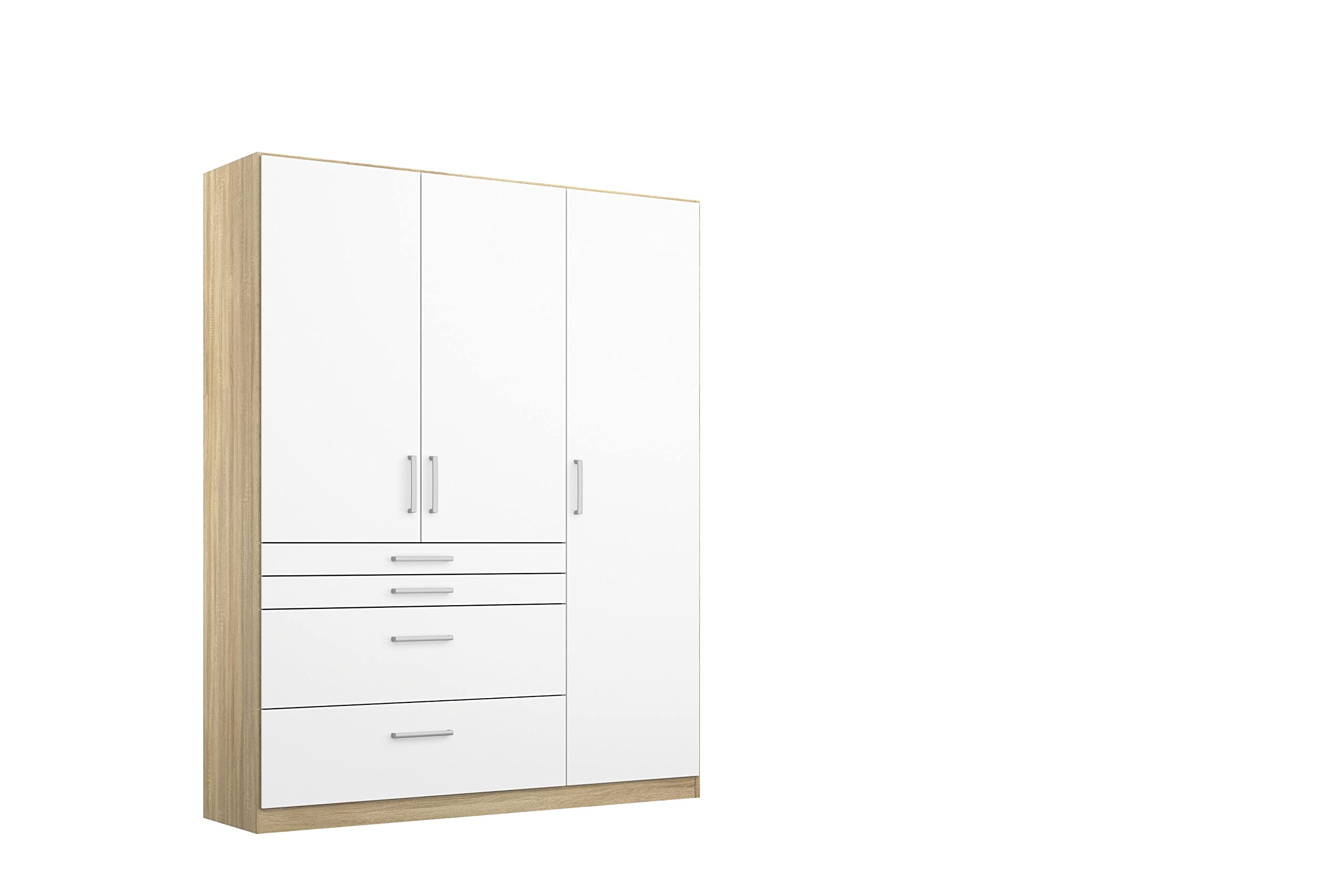 Rauch Möbel Harburg Schrank Kleiderschrank Drehtürenschrank Weiß-Eiche Sonoma, Holz, 3-türig mit 4 Schubladen inklusive Zubehörpaket Basic 3 Einlegeböden, 1 Kleiderstange BxHxT 136x197x54 cm
