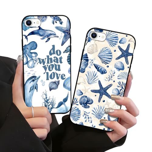 Zrutru 2 Pack Cute Ocean Phone Case for iPhone SE 2022/SE 2020/8/7 4.7',Kawaii Shell Dolphin Starfish Cases Summer Beach Aesthetic Cover,Black Soft TPU Protective Funda for Girls Women