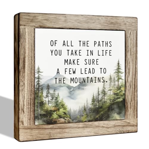 Inspirational Quote Desk Wooden Sign Decor Rustic Farmhouse Square Desk Decor Watercolour Mountain Art Wood Block Box Sign for Shelf Home-of All the Paths You Take in Life