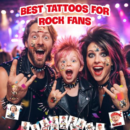 Image of Custom Rock Temporary Tattoos for Kids, Set of 20 | Personalized Pre-Cut Face Photo, Birthday Party Favors, For Boys Girls, Rock Fans