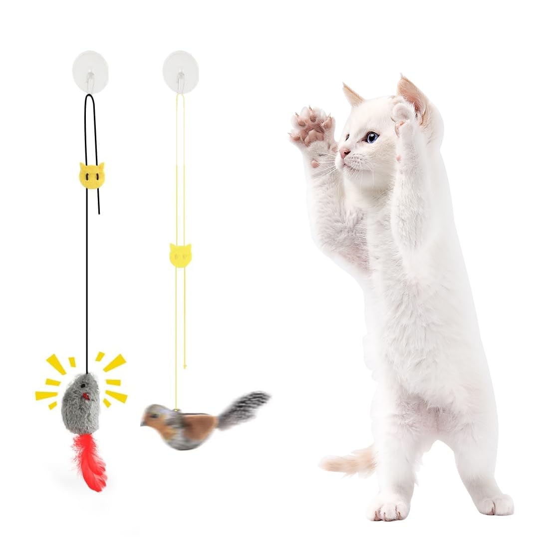 2 unidades juguetes interactivos para gatos, ratones colgantes con plumas y sonido realista, para marco de puerta, sin baterías, cola de ratón con plumas